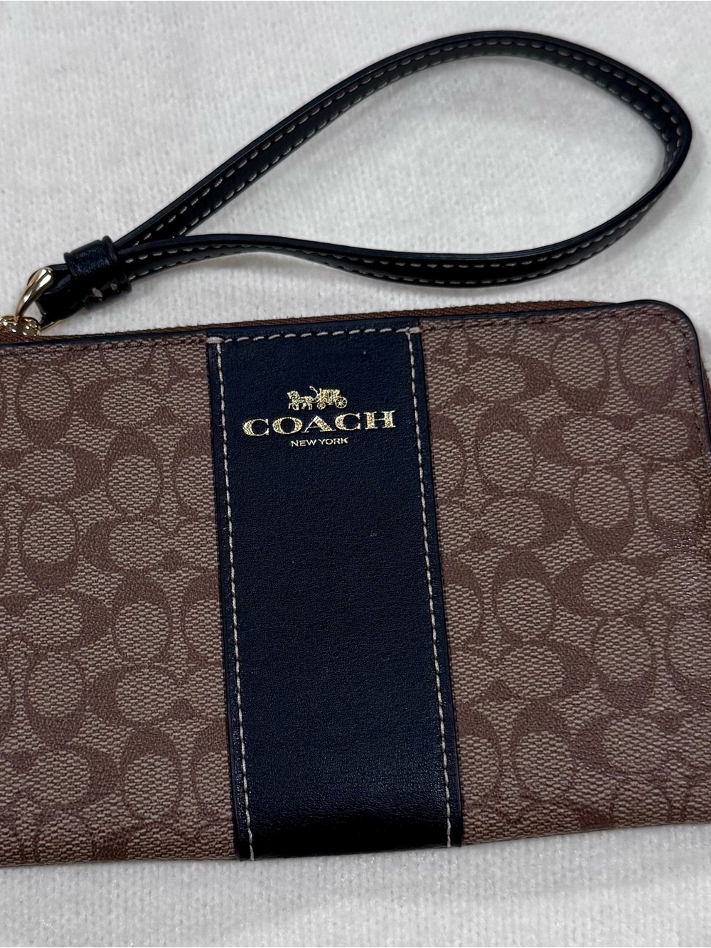 Coach Brown Signature Canvas Wristlet with Black Leather Stripe
